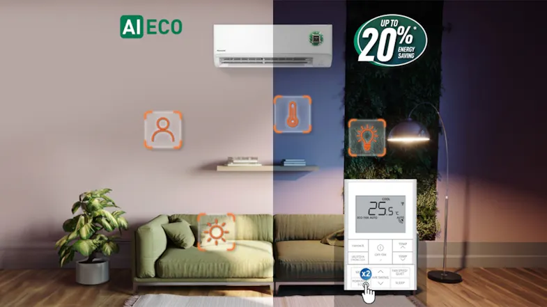 A Panasonic Smart Heat Pump Air Conditioner with AI Eco mode shows the remote set to 25.5°C, along with icons indicating energy saving, temperature, and lighting functions A Panasonic Smart Heat Pump Air Conditioner with AI Eco mode shows the remote set to 25.5°C, along with icons indicating energy saving, temperature, and lighting functions