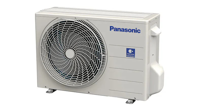 A white Panasonic outdoor air conditioning unit with a large circular fan on the front A white Panasonic outdoor air conditioning unit with a large circular fan on the front
