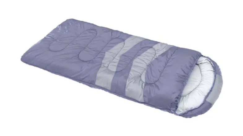 Top view of a purple and grey sleeping bag with stitched padding and a rounded hood Top view of a purple and grey sleeping bag with stitched padding and a rounded hood