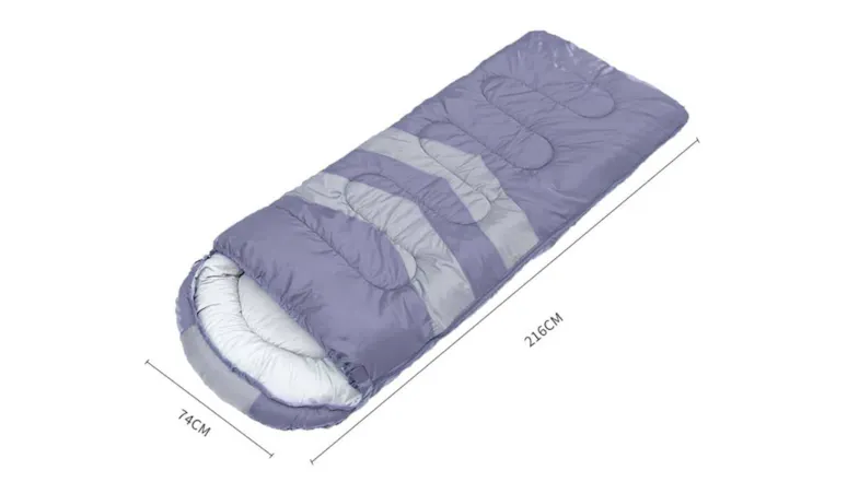 Purple and grey Mountview sleeping bag with dimensions labelled: 216 cm long and 74 cm wide Purple and grey Mountview sleeping bag with dimensions labelled: 216 cm long and 74 cm wide