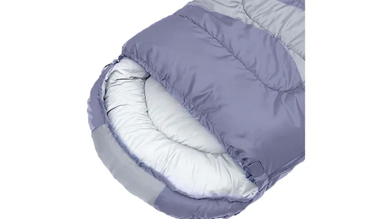 Close-up of the hood of a purple and grey sleeping bag with padded lining and zipper detail Close-up of the hood of a purple and grey sleeping bag with padded lining and zipper detail