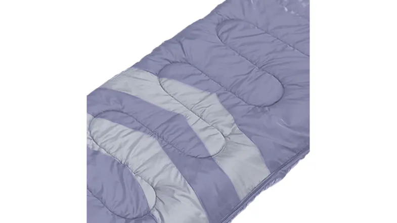 Midsection of a purple and grey sleeping bag showing stitched padding and a curved panel design Midsection of a purple and grey sleeping bag showing stitched padding and a curved panel design