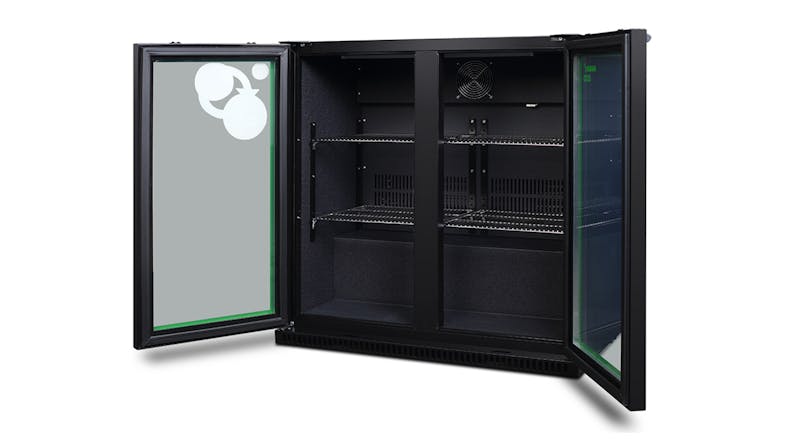 An angled interior view of the open double‑door bar fridge showing empty wire shelves and a cooling fan An angled interior view of the open double‑door bar fridge showing empty wire shelves and a cooling fan