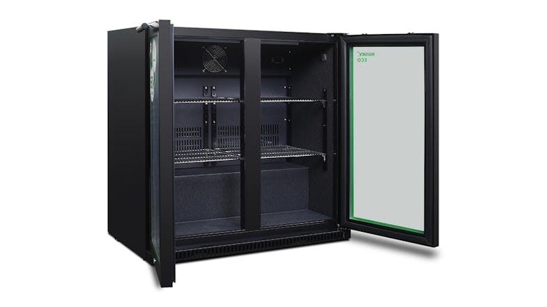 A side‑angled view of the Husky double‑door bar fridge with one door open, showing empty interior shelves A side‑angled view of the Husky double‑door bar fridge with one door open, showing empty interior shelves
