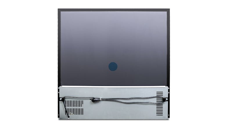 A rear view of the bar fridge featuring a smooth back panel and a lower metal section housing the compressor A rear view of the bar fridge featuring a smooth back panel and a lower metal section housing the compressor