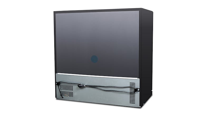 A right‑angled rear view of the bar fridge, showing the back panel and lower compressor unit with attached wiring A right‑angled rear view of the bar fridge, showing the back panel and lower compressor unit with attached wiring