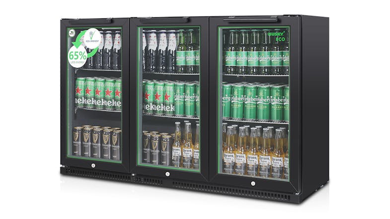 A right‑angled view of the fully stocked 280L triple‑door bar fridge with glass doors displaying assorted drinks A right‑angled view of the fully stocked 280L triple‑door bar fridge with glass doors displaying assorted drinks