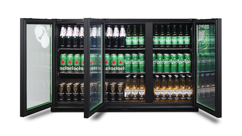 The Husky 280L triple‑door bar fridge with all doors open, revealing shelves stocked The Husky 280L triple‑door bar fridge with all doors open, revealing shelves stocked