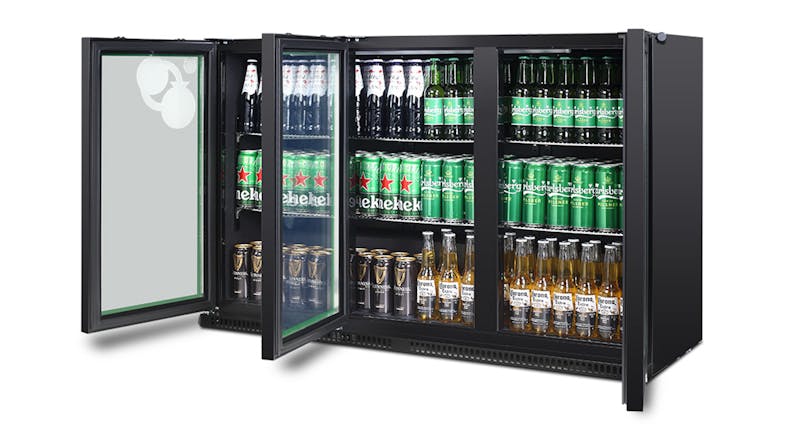 A left‑angled open‑door view of the 280L fridge, displaying arranged cans and bottles on multiple shelves A left‑angled open‑door view of the 280L fridge, displaying arranged cans and bottles on multiple shelves