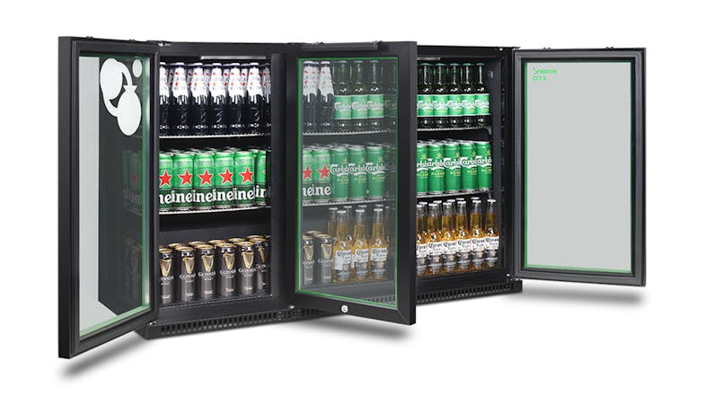 A three‑door view of the bar fridge with two doors open, showing fully stocked interior shelves A three‑door view of the bar fridge with two doors open, showing fully stocked interior shelves