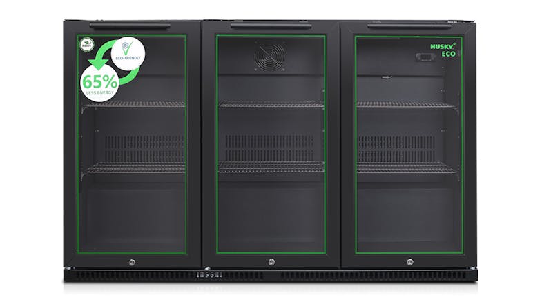 A front view of the empty triple‑door bar fridge, showing glass doors, adjustable shelves, and eco‑friendly branding A front view of the empty triple‑door bar fridge, showing glass doors, adjustable shelves, and eco‑friendly branding