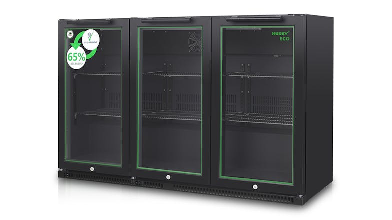 An angled view of the empty triple‑door bar fridge with glass doors framed in green and interior wire shelving An angled view of the empty triple‑door bar fridge with glass doors framed in green and interior wire shelving