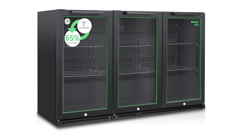 A right‑angled view of the empty fridge featuring green‑trimmed glass doors and adjustable interior shelving A right‑angled view of the empty fridge featuring green‑trimmed glass doors and adjustable interior shelving