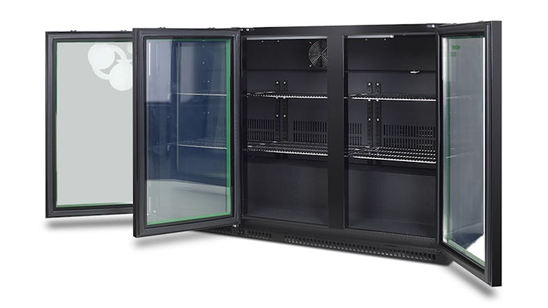 The bar fridge shown with all three glass doors open, displaying an empty interior with adjustable wire shelves The bar fridge shown with all three glass doors open, displaying an empty interior with adjustable wire shelves