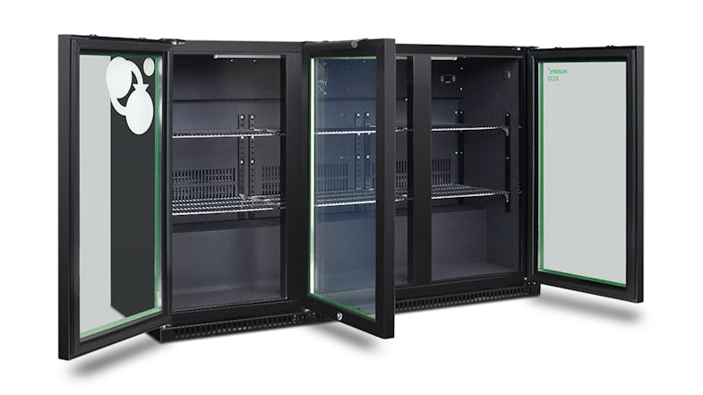 A left‑angled view of the 280L triple‑door bar fridge with all doors open, showing empty shelves A left‑angled view of the 280L triple‑door bar fridge with all doors open, showing empty shelves