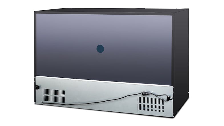 A right‑angled rear view of the bar fridge, showing the back panel and the metal lower section A right‑angled rear view of the bar fridge, showing the back panel and the metal lower section