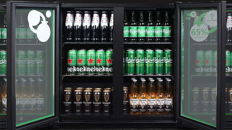 The triple‑door bar fridge with all three doors open and fully stocked with assorted beverages The triple‑door bar fridge with all three doors open and fully stocked with assorted beverages