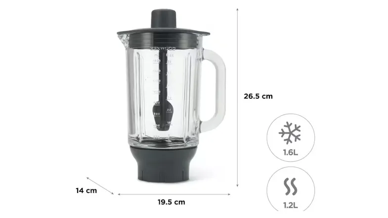 Transparent blender jug with dimensions and capacity icons Transparent blender jug with dimensions and capacity icons