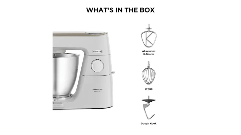 What’s in the box’ layout showing the mixer with included attachments What’s in the box’ layout showing the mixer with included attachments