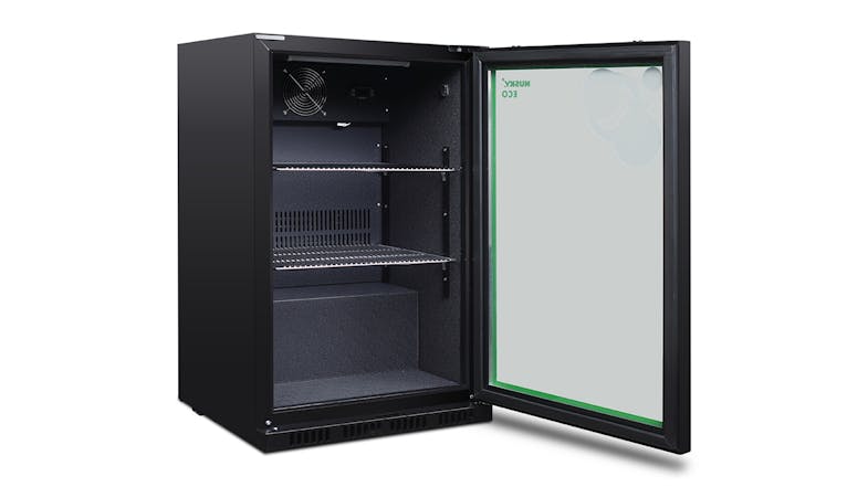 A front view of the open bar fridge reveals an empty interior, two wire shelves, and the Husky Eco branding A front view of the open bar fridge reveals an empty interior, two wire shelves, and the Husky Eco branding