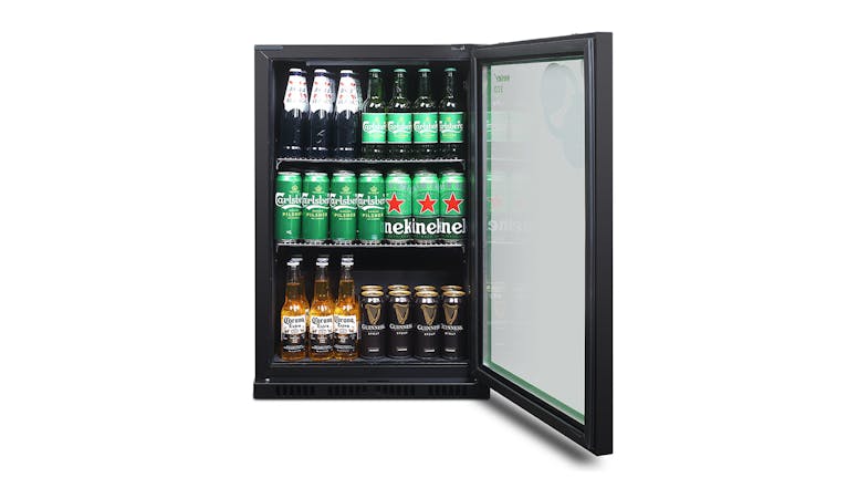The Husky 90L bar fridge with its glass door open, displaying shelves stocked with cans and bottles The Husky 90L bar fridge with its glass door open, displaying shelves stocked with cans and bottles