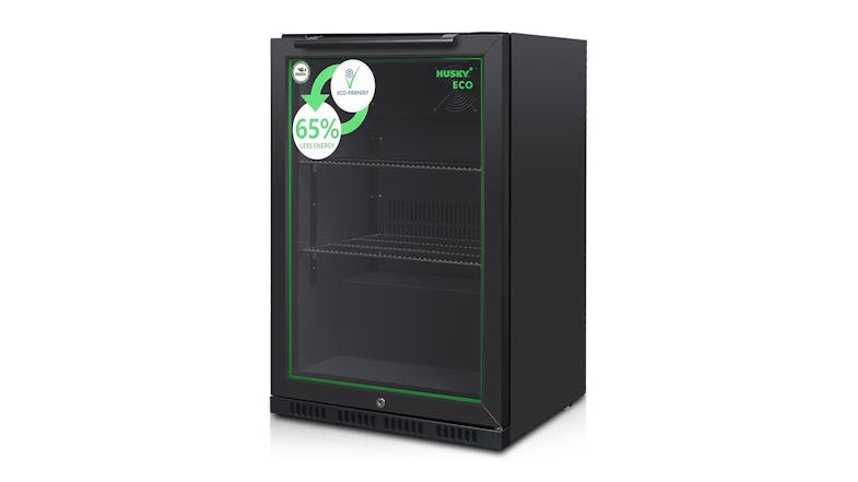 A side‑angled view of the bar fridge with empty shelves, featuring energy‑saving graphics on the glass door A side‑angled view of the bar fridge with empty shelves, featuring energy‑saving graphics on the glass door