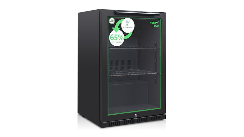 A three‑quarter view of the empty fridge, highlighting the black frame, glass door with eco‑labels A three‑quarter view of the empty fridge, highlighting the black frame, glass door with eco‑labels