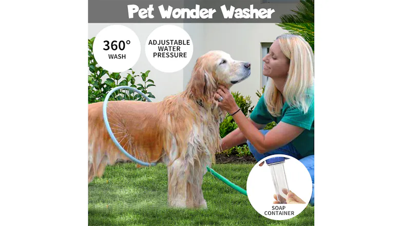 A person washes a dog in a garden using a 360-degree ring-style pet washer A person washes a dog in a garden using a 360-degree ring-style pet washer
