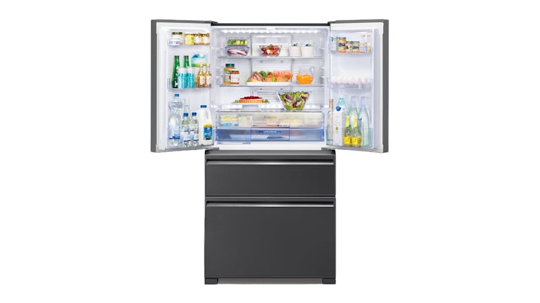 Mitsubishi Electric LX fridge open, fully stocked with drinks, dairy, fruits, vegetables, and prepared dishes Mitsubishi Electric LX fridge open, fully stocked with drinks, dairy, fruits, vegetables, and prepared dishes
