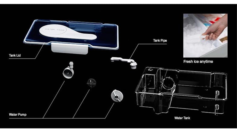 Diagram of the Mitsubishi Electric LX fridge water tank system with labelled parts Diagram of the Mitsubishi Electric LX fridge water tank system with labelled parts