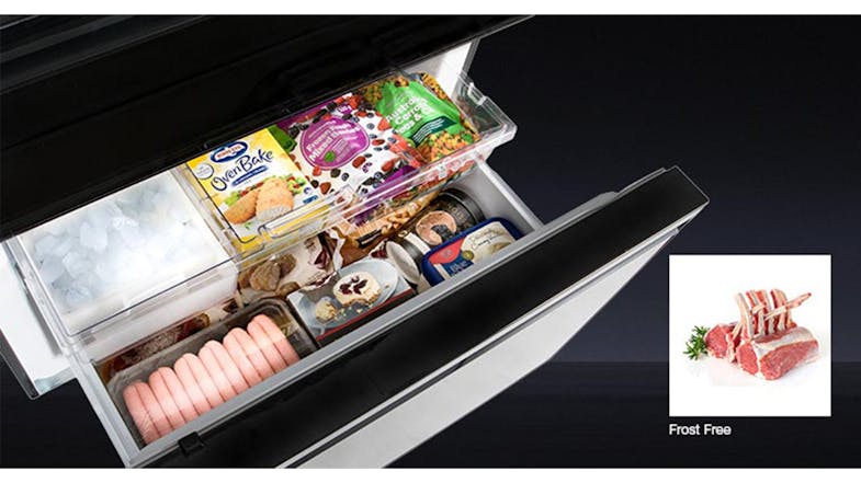 Open freezer drawer of the Mitsubishi Electric LX fridge showing ice compartment and frost-free feature image Open freezer drawer of the Mitsubishi Electric LX fridge showing ice compartment and frost-free feature image