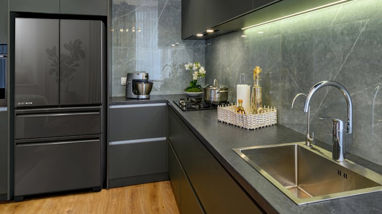 Modern kitchen featuring the Mitsubishi Electric LX Designer Series fridge in glass gunmetal finish Modern kitchen featuring the Mitsubishi Electric LX Designer Series fridge in glass gunmetal finish