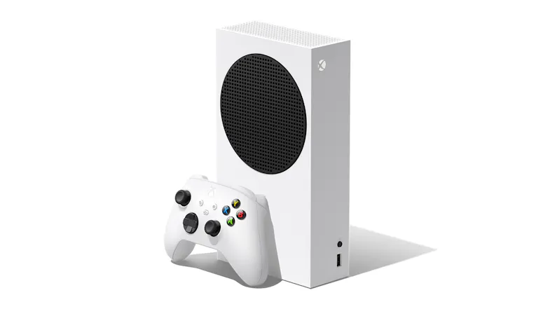 Side view of the White Xbox Series S digital console with the matching wireless controller Side view of the White Xbox Series S digital console with the matching wireless controller