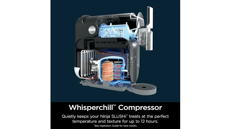 Cutaway view of the Ninja slush machine showing its cooling system and Whisperchill compressor Cutaway view of the Ninja slush machine showing its cooling system and Whisperchill compressor