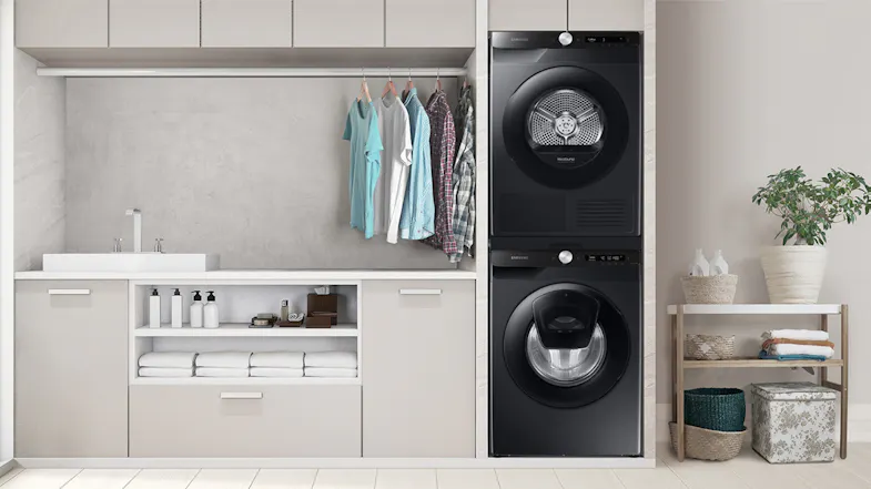 Samsung Stacking Kit with Slide Out Shelf for Front Loading Washing Machine & Dryer - Black Caviar (SKK-UUB) Samsung Stacking Kit with Slide Out Shelf for Front Loading Washing Machine & Dryer - Black Caviar (SKK-UUB)