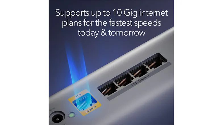A close-up view of the Arlo Mesh’s ports with text “Supports up to 10 Gig internet plans for the fastest speeds today & tomorrow”. A close-up view of the Arlo Mesh’s ports with text “Supports up to 10 Gig internet plans for the fastest speeds today & tomorrow”.
