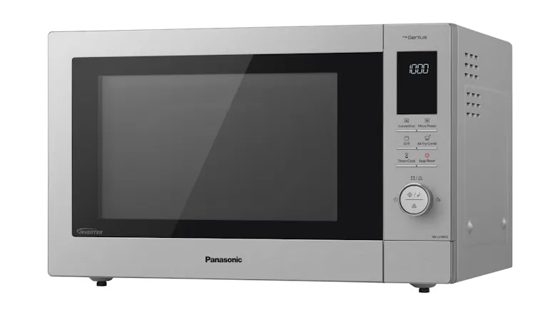 An angled right view of the Panasonic 34L stainless steel microwave An angled right view of the Panasonic 34L stainless steel microwave