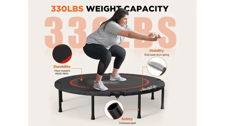 Person exercising on a TSB Mini Trampoline, highlighting its 330 lb weight capacity and durable steel construction Person exercising on a TSB Mini Trampoline, highlighting its 330 lb weight capacity and durable steel construction