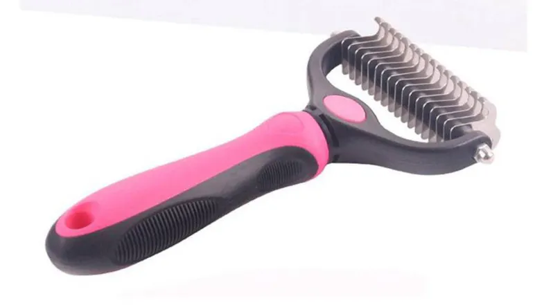 An angled view of a deshedding brush An angled view of a deshedding brush
