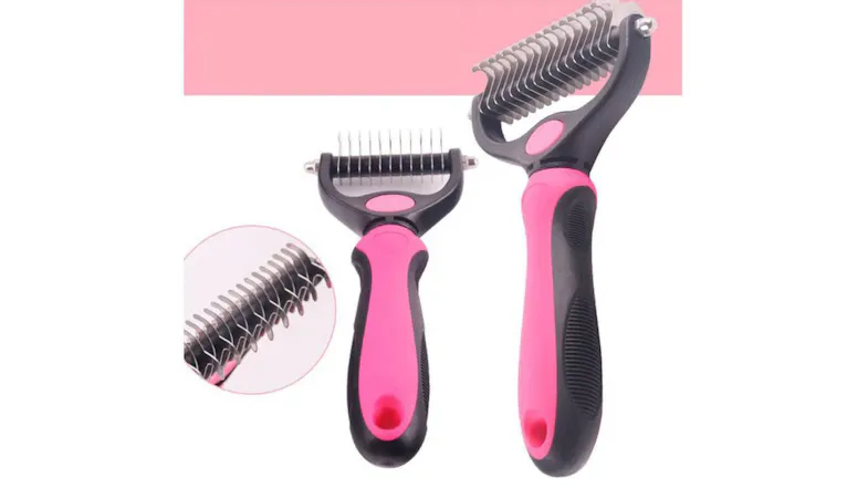 A deshedding grooming tool with stainless‑steel blades, shown in two sizes A deshedding grooming tool with stainless‑steel blades, shown in two sizes