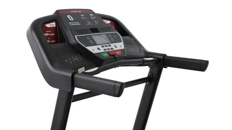 Close-up of SOLE treadmill console with Bluetooth connectivity and built-in workout controls Close-up of SOLE treadmill console with Bluetooth connectivity and built-in workout controls