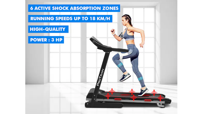 Person running on a treadmill with 6 shock absorption zones and a 3HP motor, supporting speeds up to 18 km/h Person running on a treadmill with 6 shock absorption zones and a 3HP motor, supporting speeds up to 18 km/h
