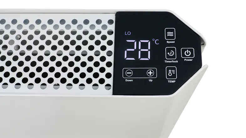 Close-up of Goldair heater digital display showing 28°C and touch control icons Close-up of Goldair heater digital display showing 28°C and touch control icons