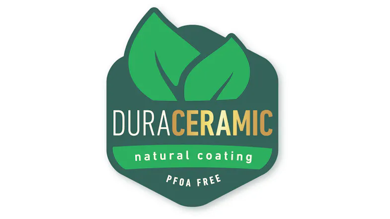 The DuraCeramic logo features a green leaf graphic with text reading 'natural coating' and 'PFOA free' The DuraCeramic logo features a green leaf graphic with text reading 'natural coating' and 'PFOA free'