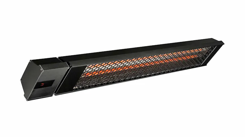 Three-quarter angled view of the black infrared heater displaying its illuminated heating bar and hexagon grille across the front Three-quarter angled view of the black infrared heater displaying its illuminated heating bar and hexagon grille across the front