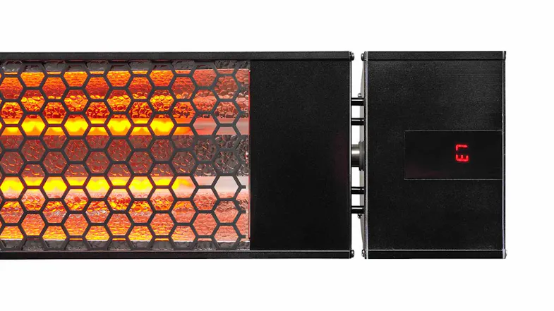 A close-up view of the heater’s glowing element beside its control housing A close-up view of the heater’s glowing element beside its control housing