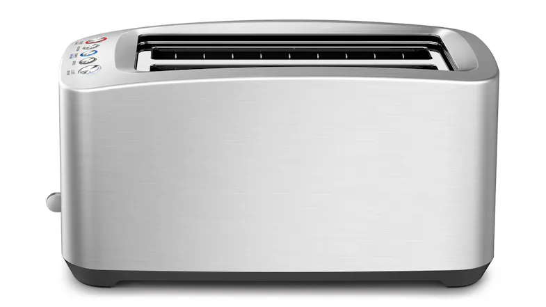 Side view of the toaster highlighting its smooth brushed metal surface and long rectangular shape Side view of the toaster highlighting its smooth brushed metal surface and long rectangular shape