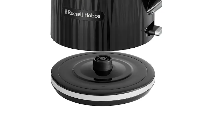 A black Russell Hobbs Eden 1.7L kettle shown above its matching 360‑degree swivel base A black Russell Hobbs Eden 1.7L kettle shown above its matching 360‑degree swivel base