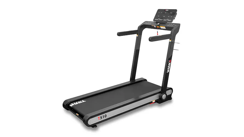 Home treadmill with spacious running belt, electronic controls, and sturdy steel frame Home treadmill with spacious running belt, electronic controls, and sturdy steel frame