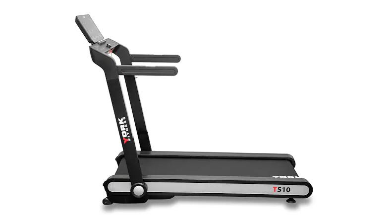 Black T510 treadmill featuring a cushioned deck and integrated fitness monitor Black T510 treadmill featuring a cushioned deck and integrated fitness monitor